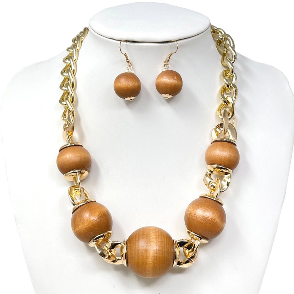 Oversized Brown & Gold Wooden Abstract Statement Necklace Set